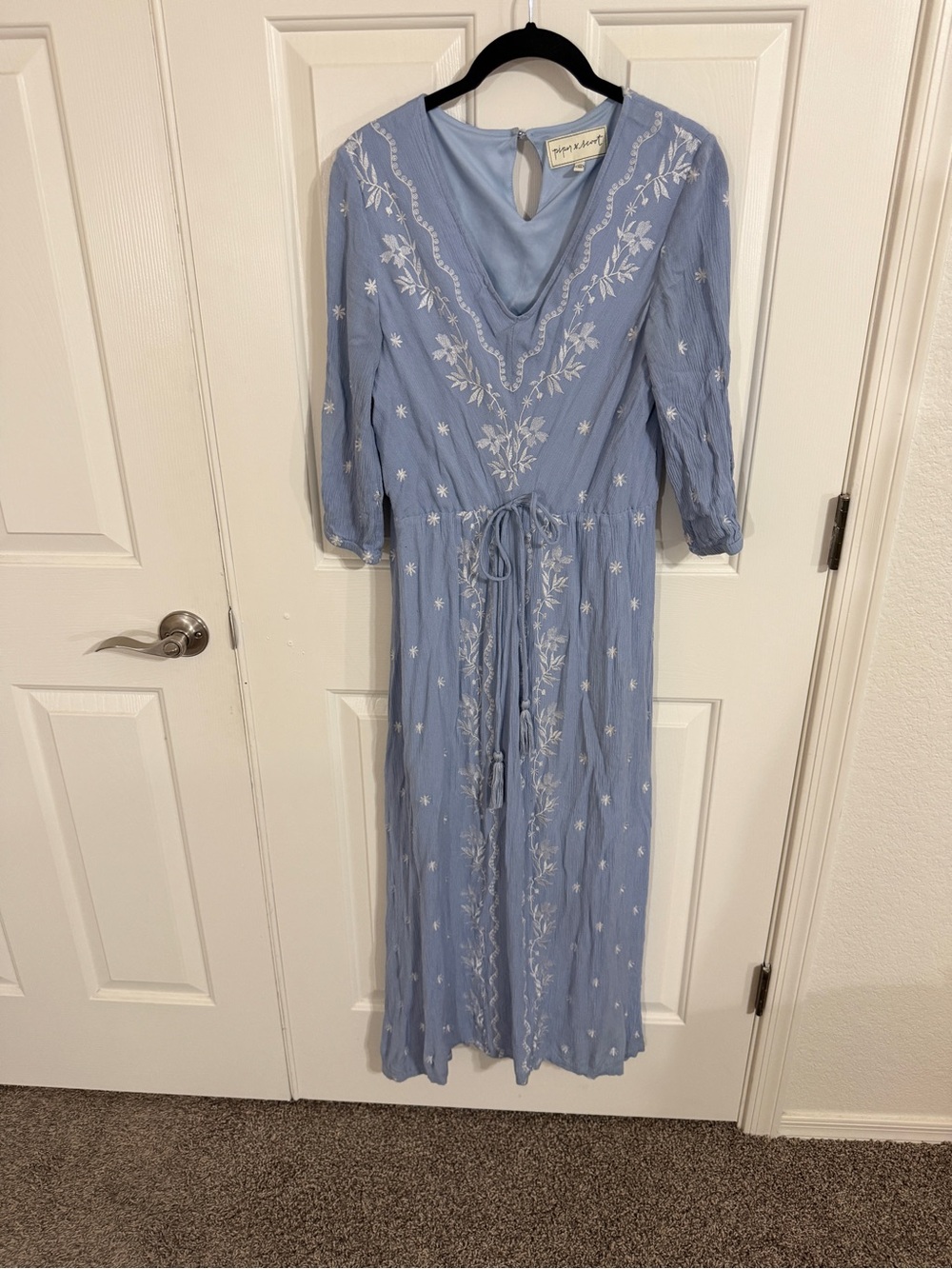 Piper & Scoot M Blue White Embroidered Boho Maxi Dress Cottagecore